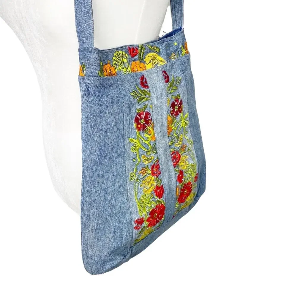 Unbranded Bohemian Jean Bag Floral Embroidery Large